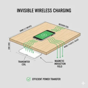 Illustration 5: Diagram showing the invisible charging field created by the best under desk wireless charger through the tabletop.