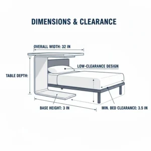 A measurement guide showing the height and width of a standard slide under bed table.