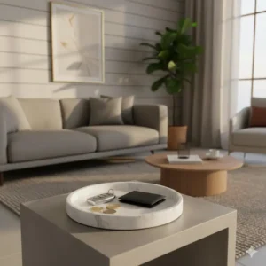 An elegant white marble key catchall integrated into a modern living room decor setup.