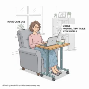 Illustration of a person using a mobile hospital tray table with wheels while sitting in a recliner at home.