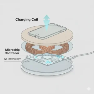 An illustration showing the internal induction coils inside a linen wireless phone charger for fast charging.