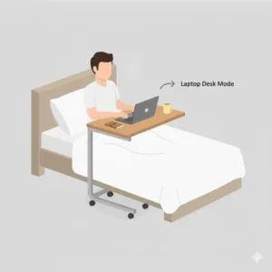 A bedside tray table on wheels being used as a stable workstation for a laptop in a home office setting.