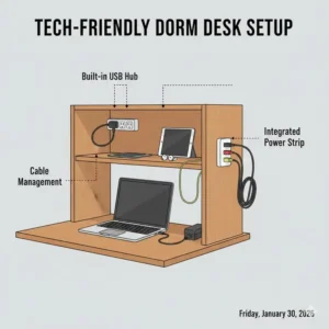 Tech-friendly setup of a dorm desk with shelves including built-in power strips and USB charging ports.
