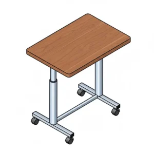 A hospital bed tray table featuring a walnut wood grain laminate finish and chrome-plated steel frame.