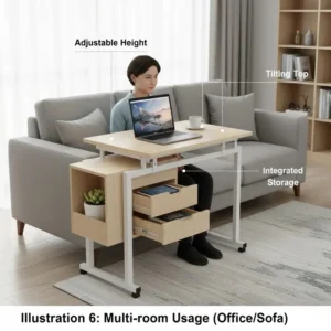 An adjustable overbed table with storage being used as a convenient side desk for a living room sofa.