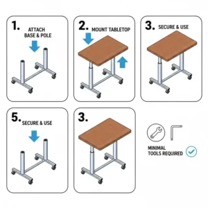Step-by-step assembly illustration for a portable hospital bed tray table showing minimal tools required.