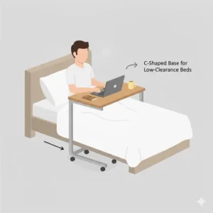 Illustration of the space-saving C-shaped base of a bedside tray table on wheels sliding under a bed frame.