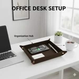 Minimalist home office desk setup featuring a sleek charging catch all tray for daily essentials.