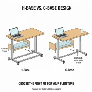 Visual showing the waterproof and easy-to-sanitize wood grain surface of a hospital bedside tray table.