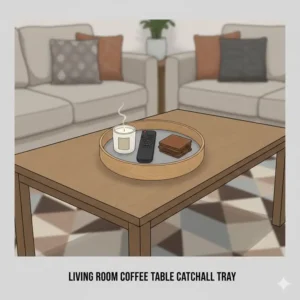 Decorative catchall tray on a living room coffee table holding a remote and a candle.