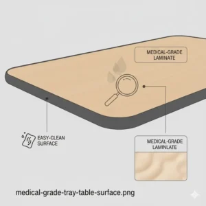 Detailed view of the wood grain laminate and spill-resistant edges of a hospital tray table with wheels.