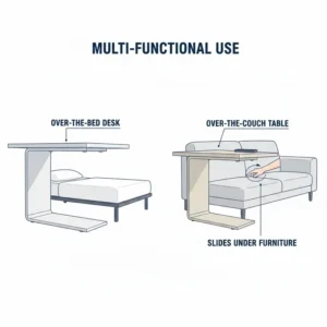Illustration showing the versatile use of a slide under bed table as a side desk for a sofa.