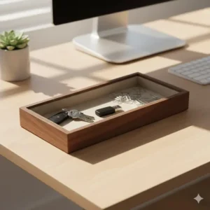 A functional desk-side key catchall tray holding office keys, a thumb drive, and paperclips.