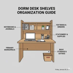 Infographic labeling different storage zones for stationary and binders on a dorm desk with shelves.