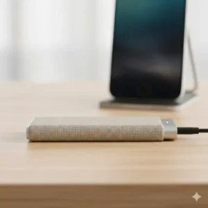 Side view of an ultra-slim linen wireless phone charger demonstrating its thin and portable design.