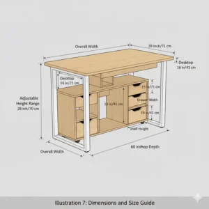 Detailed size guide and measurements for a multi-functional adjustable overbed table with storage.