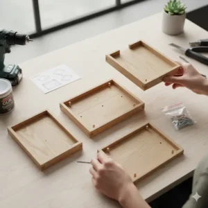 An exploded view of a DIY wooden key catchall kit showing the easy assembly of the base and side walls.