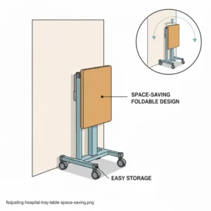 Illustration demonstrating how a hospital tray table with wheels can be folded or tucked away to save room space.