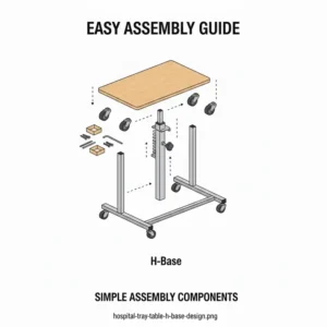 Step-by-step assembly guide and component list for a portable hospital bedside tray table.