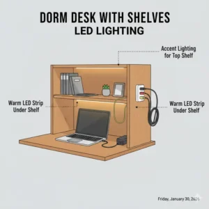 Illustration of warm LED strip lighting installed under the hutch of a dorm desk with shelves.