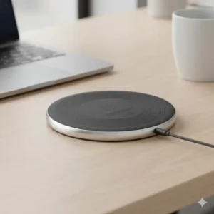 The bottom view of a linen wireless phone charger featuring a non-slip silicone base for stability on flat surfaces.