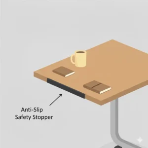 A close-up illustration of the safety edge stopper on the top of a bedside tray table on wheels.