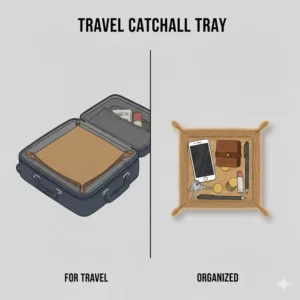 Portable travel catchall tray illustration showing how it folds flat for packing in luggage.