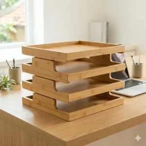 Four bamboo wooden stackable trays stacked vertically to save desk space.