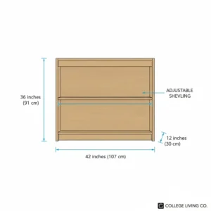 Technical illustration showing the exact dimensions of a standard dorm hutch.