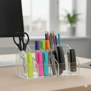 Close-up shot showing the large storage capacity of a clear plastic desk organizer filled with stationery.