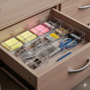 1 inch drawer organizer tray used for organizing small office supplies like staples and sticky notes in a desk.