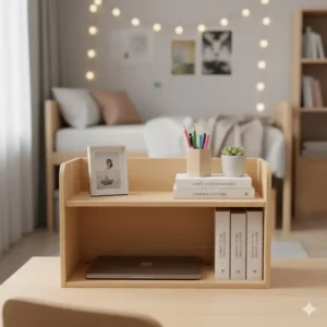 Compact two-tier dorm desk shelf organizer designed to maximize vertical storage in small spaces.