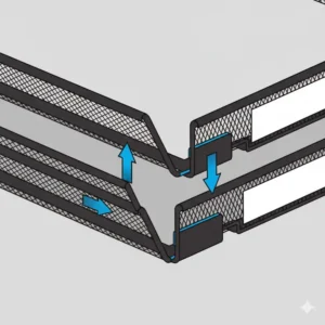 Detailed view of the interlocking mechanism that makes these legal size paper trays stackable and stable.