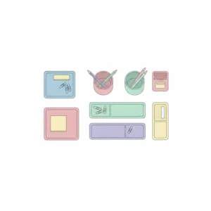 Flat lay illustration of minimalist and pastel colorful desk organizers on a clean white background.