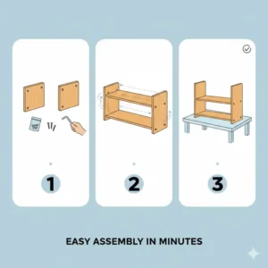 Step-by-step illustration showing how to assemble a wooden dorm desk shelf organizer easily.