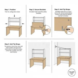Step-by-step assembly guide for a desk-mounted dorm hutch.