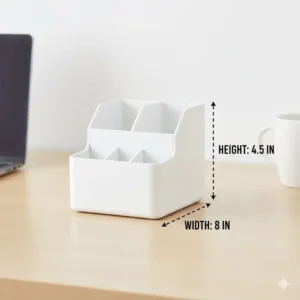 Illustration showing the specific height and width dimensions of this compact plastic desk organizer.