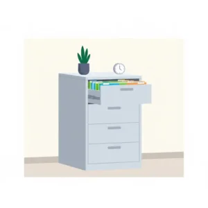 Illustration of a three-drawer lateral filing cabinet used for long-term office paper storage.