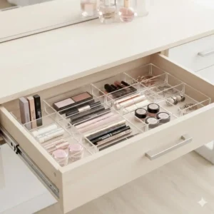 Low profile 1 inch drawer organizer for thin makeup palettes and eyeliner pencils in a vanity drawer.