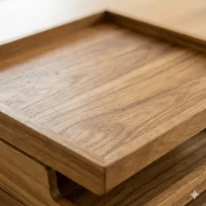 Close-up view of the natural wood grain and smooth finish of oak wooden stackable trays.