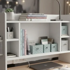 Close-up illustration of vertical storage shelves on a desk topper for dorm holding textbooks and organizer bins.