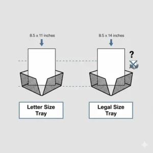A size comparison chart showing how legal size paper trays stackable fit 8.5 x 14 inch documents.