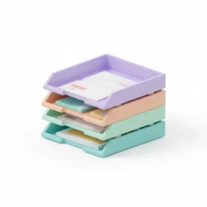 A 3D graphic of a tiered paper tray as part of a set of colorful desk organizers for office documents.