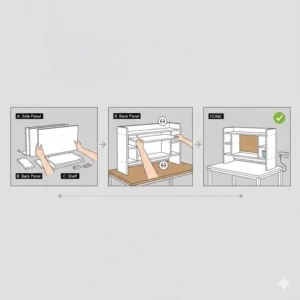 Step-by-step illustration showing the easy assembly process of a tool-free desk topper for dorm.