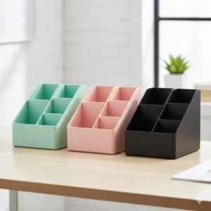 A variety of colorful plastic desk organizer options including pastel pink, mint green, and black.