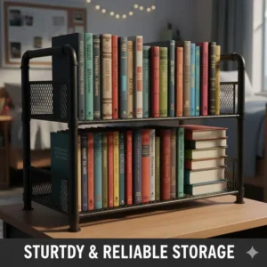 Heavy-duty metal dorm desk shelf organizer holding a row of thick textbooks and school supplies.