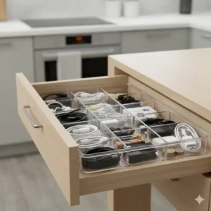 A 1 inch drawer organizer holding charging cables and batteries in a slim kitchen junk drawer.