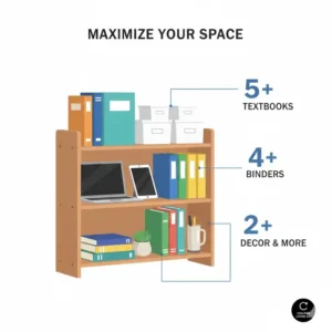 Infographic displaying the storage capacity for books and bins in a dorm hutch.
