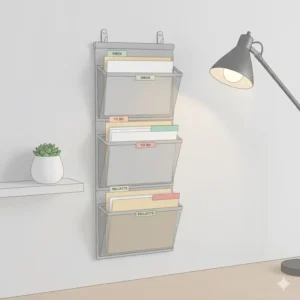 Vertical wall-mounted pockets for space-saving office paper storage in small workspaces.