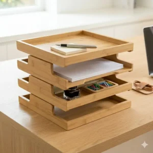 Light-colored wooden stackable trays used for organizing A4 papers and stationery on an office desk.